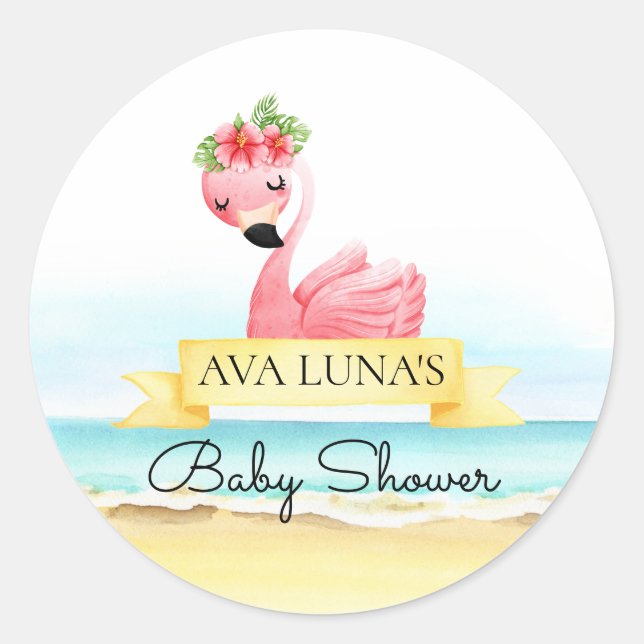 Sticker Rond Baby Shower Fille Flamant Rose (Devant)