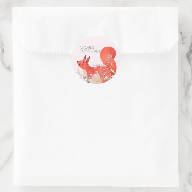 Sticker Rond Baby shower fille Fleur sauvage d'écureuil rouge m (Sac)