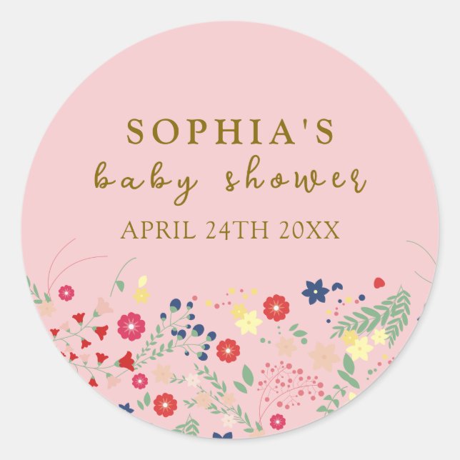 Sticker Rond Baby shower fille Fleur sauvage rose simple élégan (Devant)