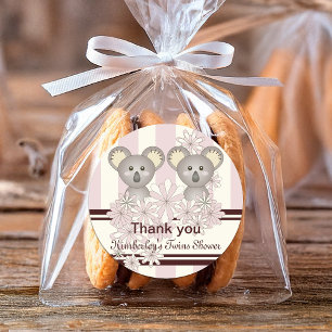 Sticker Rond Baby shower fille Koala Twin / Merci d'anniversair