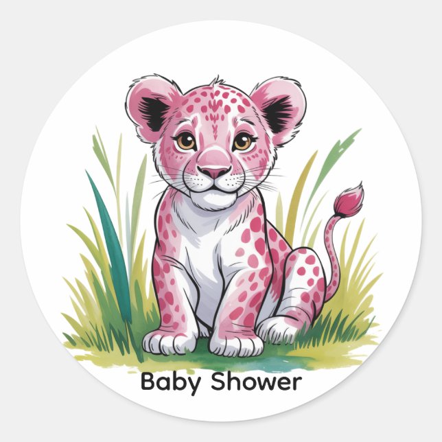 Sticker Rond Baby shower fille Lion rose (Devant)