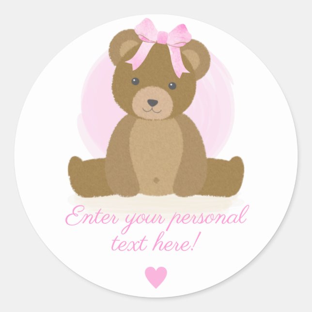 Sticker Rond Baby Shower Fille Ourson Rose Mignonne avec Nœud d (Devant)