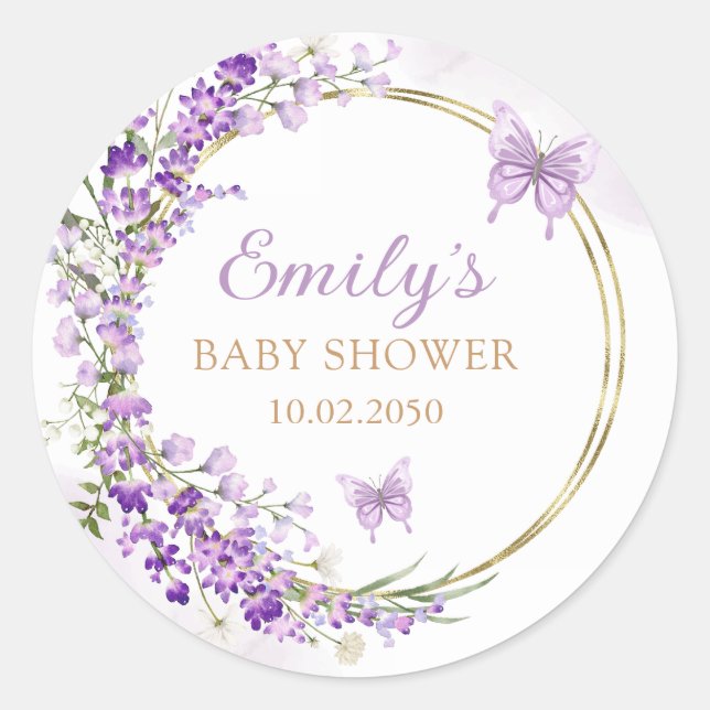 Sticker Rond Baby Shower Fille Papillon Floral Aquarelle Mignon (Devant)
