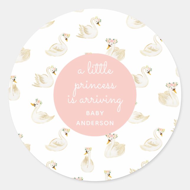 Sticker Rond Baby shower fille princesse de cygne rose (Devant)