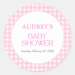 Sticker Rond Baby shower fille rose classique En vichy