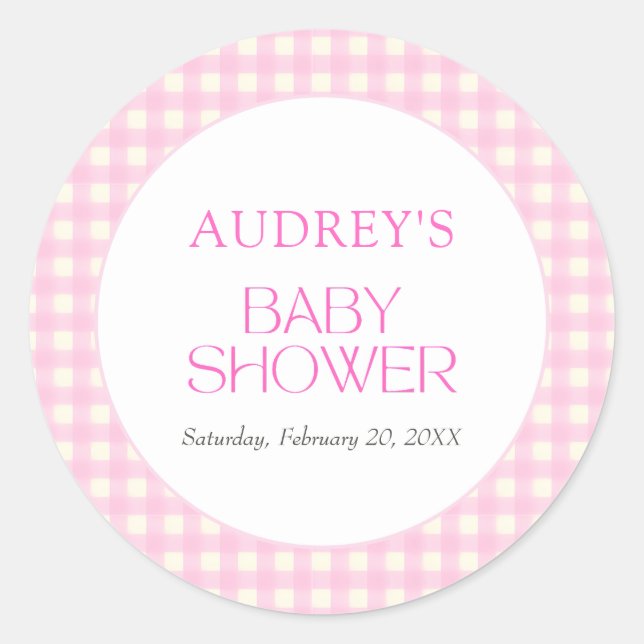 Sticker Rond Baby shower fille rose classique En vichy (Devant)