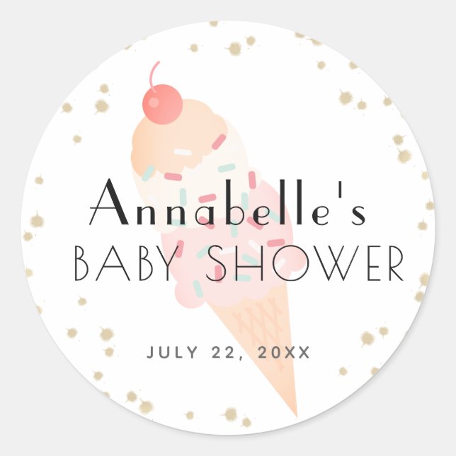 Sticker Rond Baby shower fille rose crème glacée (Devant)