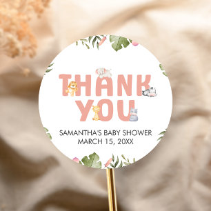 Sticker Rond Baby Shower Fille Safari Animal 