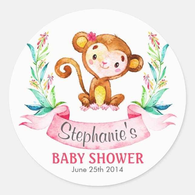 Sticker Rond Baby shower fille singe aquarelle (Devant)