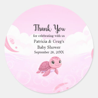 Sticker Rond Baby Shower Fille Tortue de Mer Rose Mignonne
