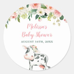 Sticker Rond Baby shower Fille Vache Florale Rose