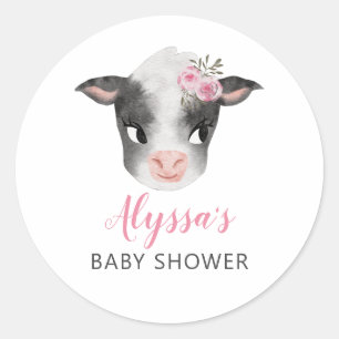 Sticker Rond Baby shower fille vache rose