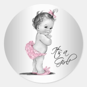 Sticker Rond Baby Shower Fille Vintage Gris Rose