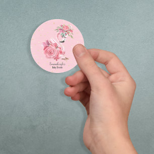 Sticker Rond Baby shower Flamant rose Ballerina Aquarelle rose