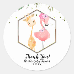 Sticker Rond Baby Shower Flamant Rose et Girafe à l'aquarelle t