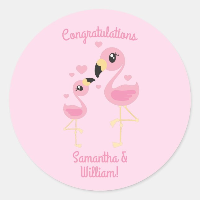 Sticker Rond Baby shower Flamant rose rose (Devant)