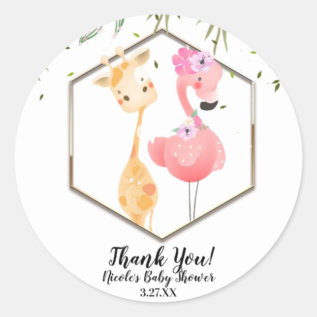 Sticker Rond Baby Shower Flamingo & Giraffe Aquarelle Tropicale (Devant)