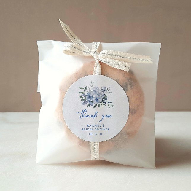 Sticker Rond Baby Shower Fleur Bleu Poussiéreux Aquarelle (Créateur téléchargé)