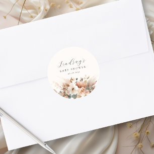 Sticker Rond Baby Shower Fleur Bohème Herbe de Pampas 