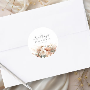 Sticker Rond Baby Shower Fleur Bohème Herbe de Pampas