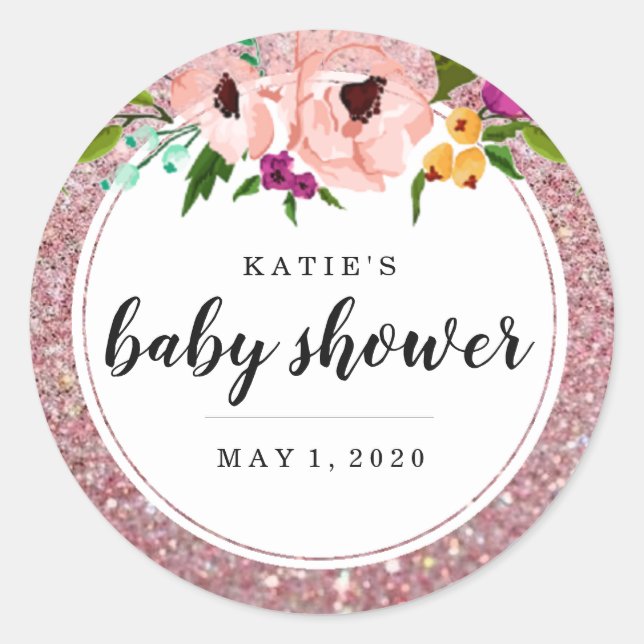 Sticker Rond Baby shower Fleur Couronne Parties scintillant ros (Devant)
