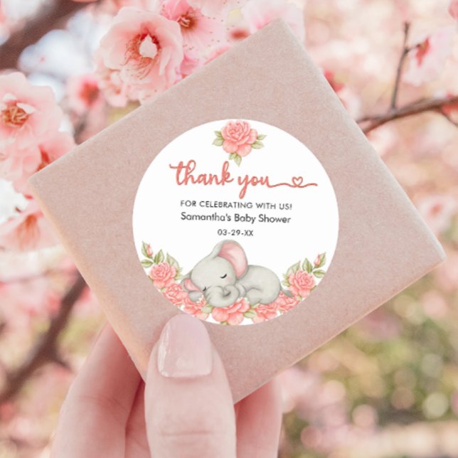 Sticker Rond Baby Shower Fleur Éléphant Rose (Créateur téléchargé)