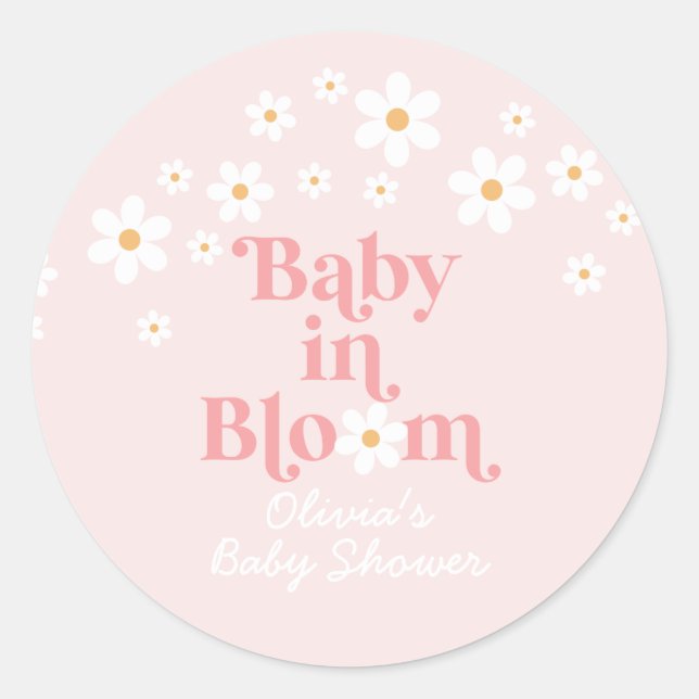 Sticker Rond Baby Shower Fleur Rétro Rose (Devant)