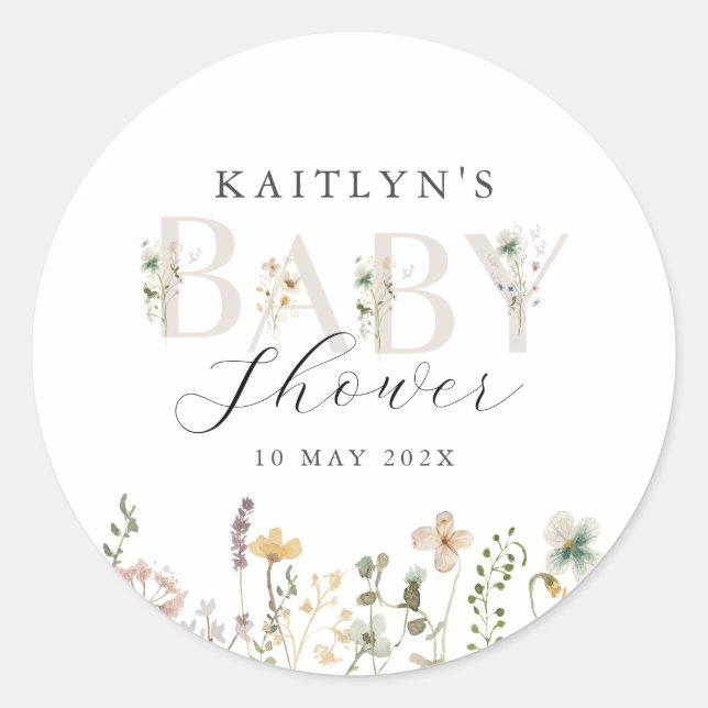 Sticker Rond Baby shower Fleur sauvage aquarelle (Devant)