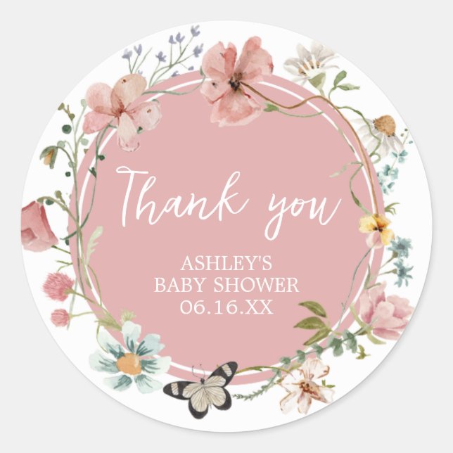 Sticker Rond Baby shower Fleur sauvage bébé en fleurs (Devant)