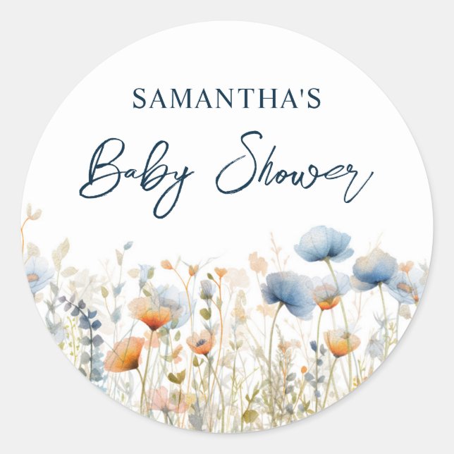 Sticker Rond Baby shower Fleur sauvage Dusty Blue Watercolor (Devant)