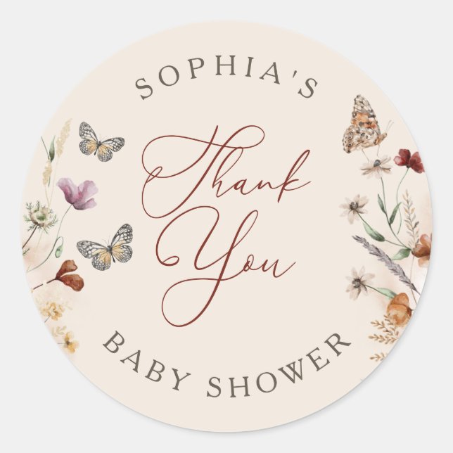 Sticker Rond Baby shower Fleur sauvage floral Boho Merci (Devant)