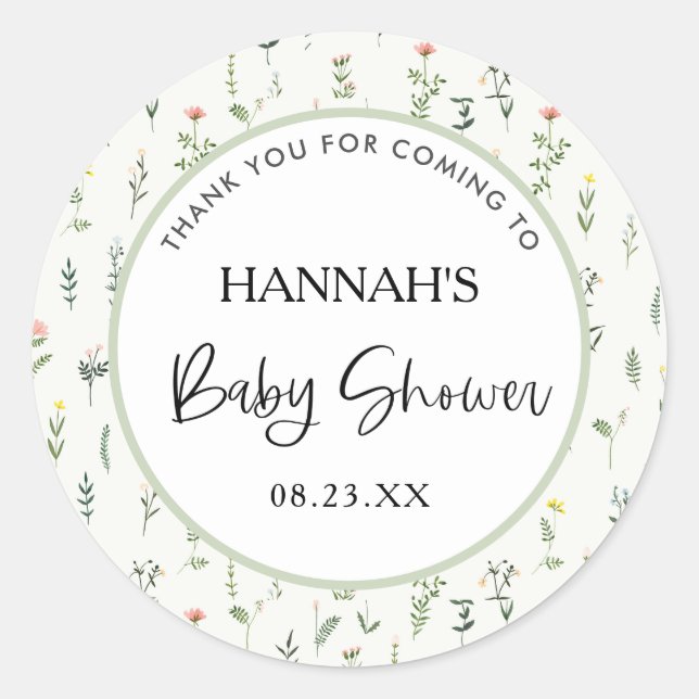 Sticker Rond Baby shower fleur sauvage Merci Favoriser (Devant)