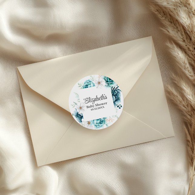 Sticker Rond Baby shower Fleur sauvage Turquoise Boho (Boho Teal Wildflowers Baby Shower Classic Round Sticker on an elegant envelope.)