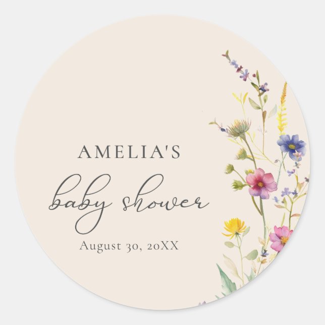Sticker Rond Baby shower fleuri Fleur sauvage beige printemps (Devant)