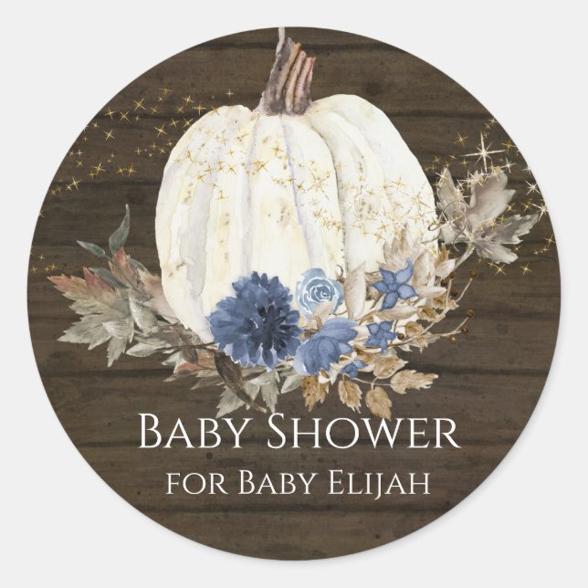 Sticker Rond Baby Shower Fleurie Bleu Marine Citrouille en Bois (Devant)