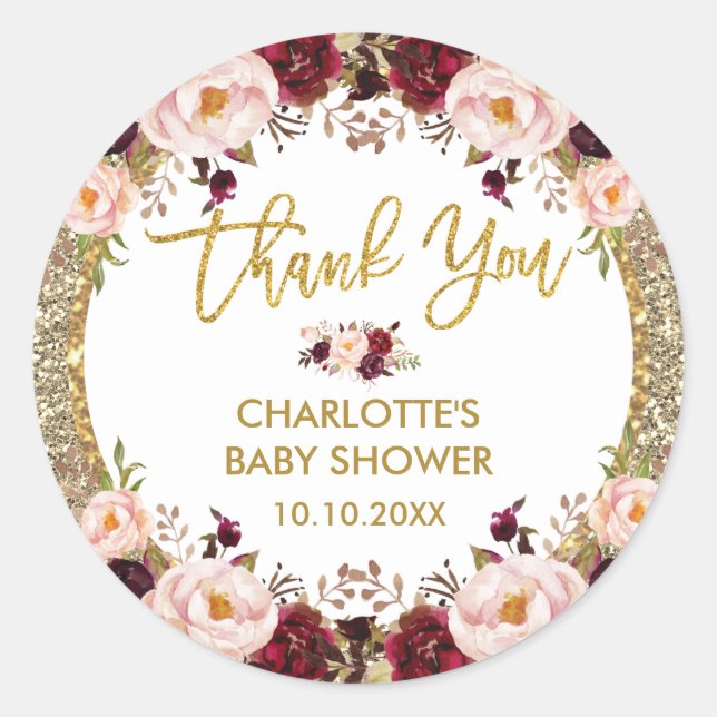 Sticker Rond Baby Shower Fleurie Glamour Bourgogne Rougeoyant (Devant)