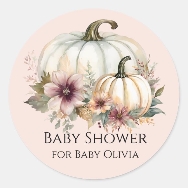 Sticker Rond Baby Shower Fleurs de Dusty Pink et Citrouille Bla (Devant)