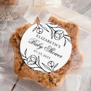 Sticker Rond Baby Shower Fleurs Esquissees Noir et Blanc