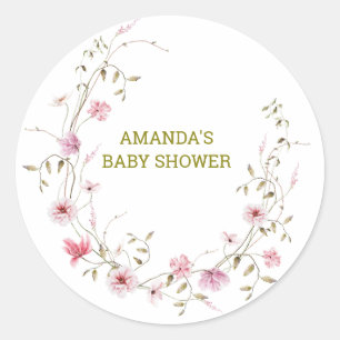 Sticker Rond Baby Shower Fleurs Sauvages Élégantes