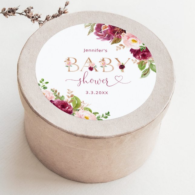Sticker Rond Baby shower floral automnal bordeaux et or (Créateur téléchargé)