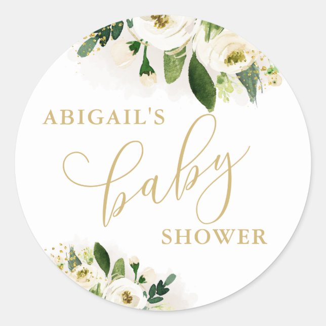 Sticker Rond Baby shower floral blanc et or Favoriser (Devant)