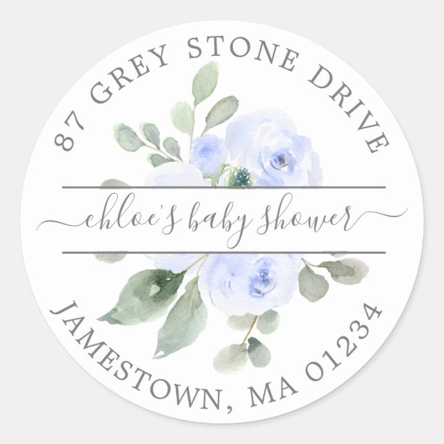 Sticker Rond Baby shower Floral Bleu Adresse de retour (Devant)