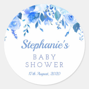Sticker Rond baby shower floral bleu, lustrage bleu