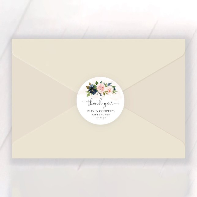 Sticker Rond Baby shower floral bleu marine et rose (Créateur téléchargé)