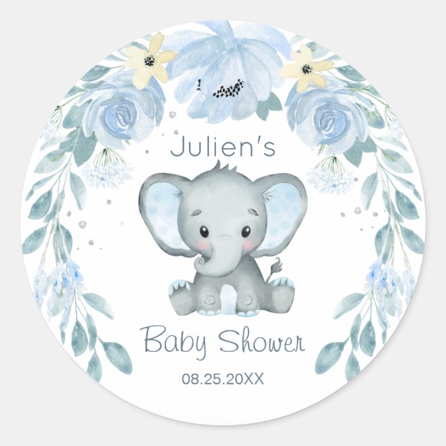 Sticker Rond Baby shower Floral Blue Elephant (Devant)