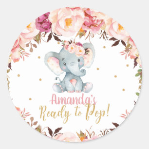 Sticker Rond Baby shower floral clair éléphant prêt à la po