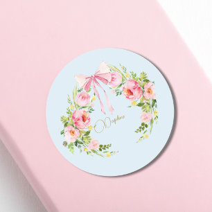 Sticker Rond Baby shower Floral Crest Regency Bow rose Bleu