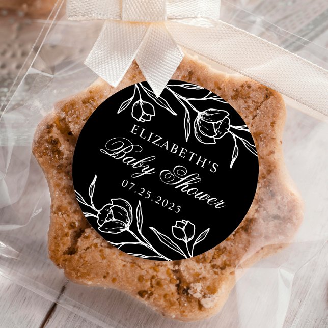 Sticker Rond Baby shower floral croisé noir et blanc (Créateur téléchargé)