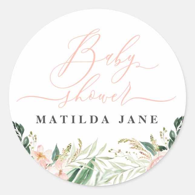 Sticker Rond Baby shower floral d'aquarelle rose vif (Devant)