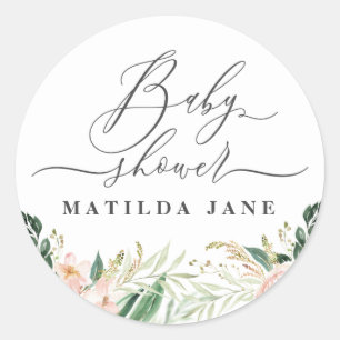 Sticker Rond Baby shower floral d'aquarelle rose vif
